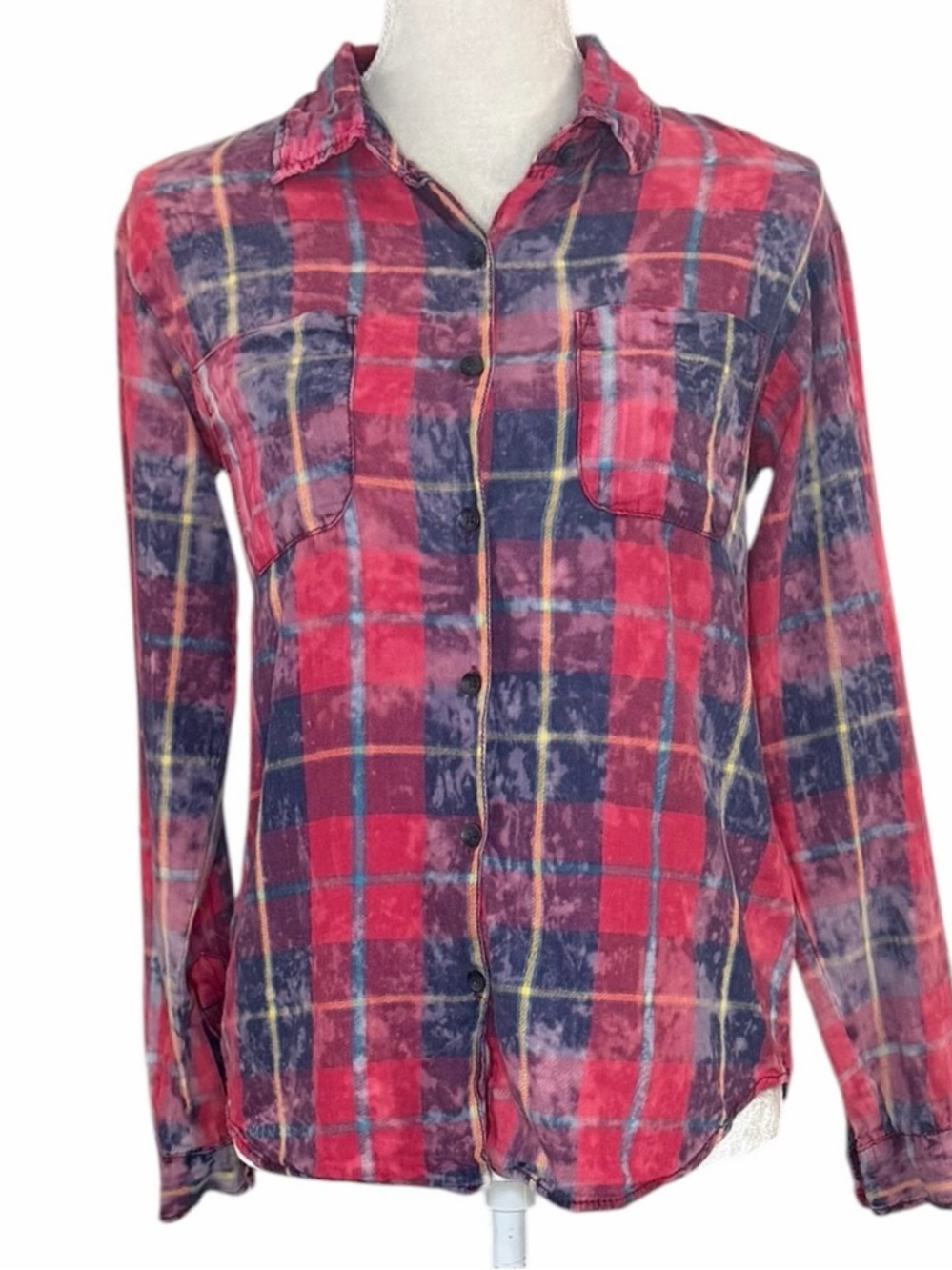 Vanilla Star Womens XS Red Blue Plaid Acid Wash Button Down Shirt